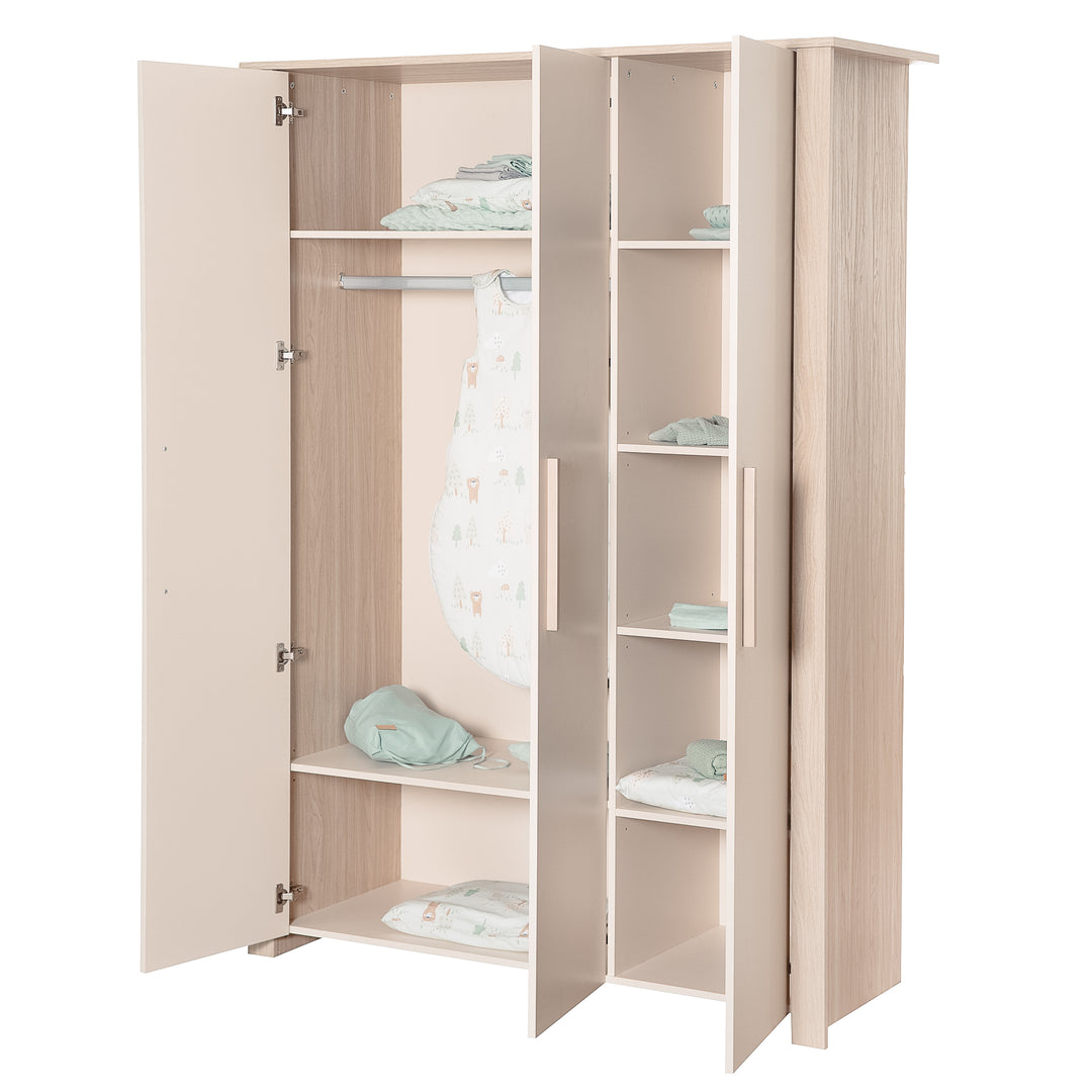 3-door Children's Wardrobe 'Momo' with Solid Wood Handles - Cashmere / Tristan Oak