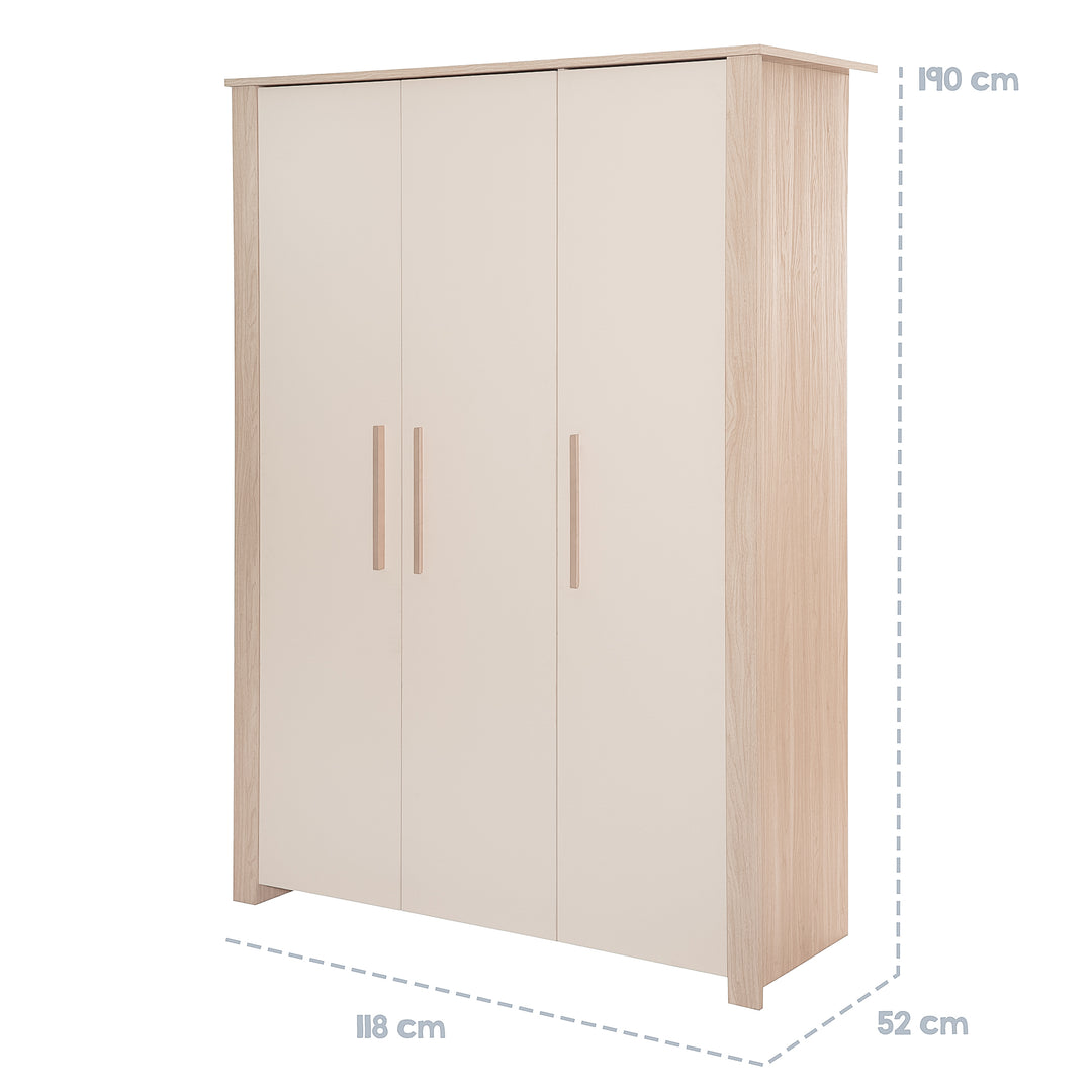 3-door Children's Wardrobe 'Momo' with Solid Wood Handles - Cashmere / Tristan Oak
