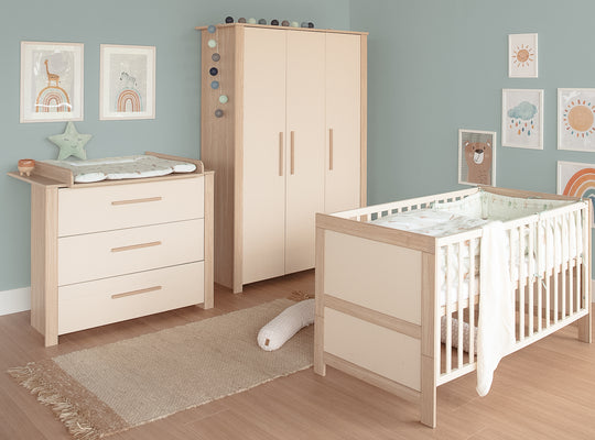 3-door Children's Wardrobe 'Momo' with Solid Wood Handles - Cashmere / Tristan Oak