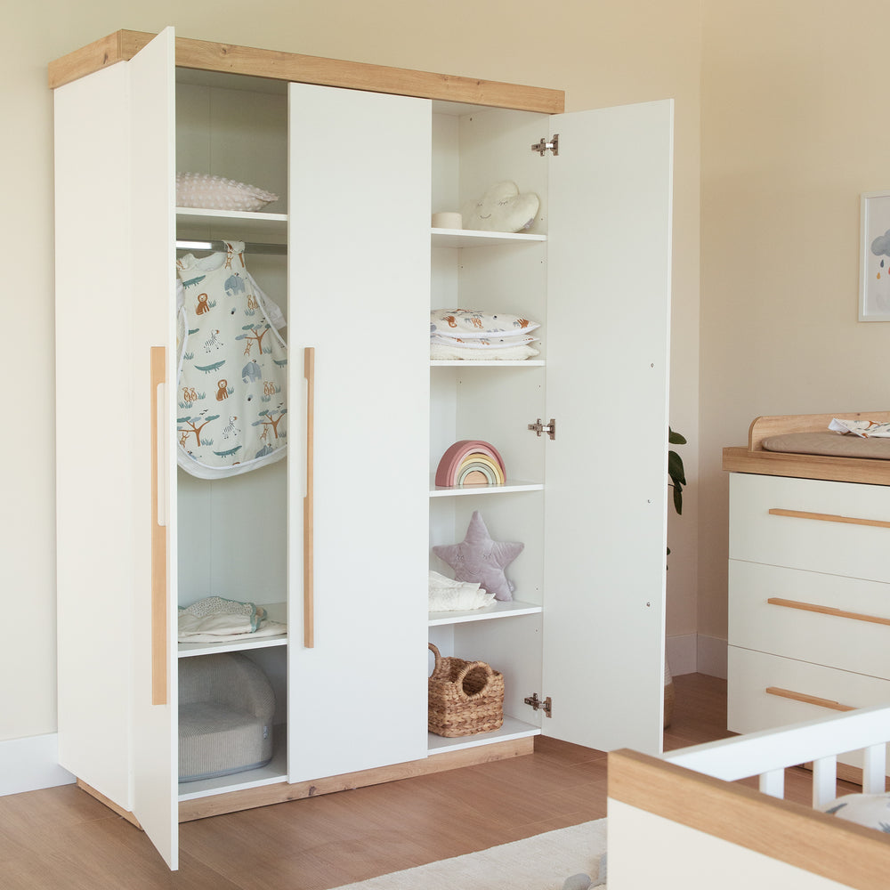 Kinderkleiderschrank 'Lumo - 3-türig - Soft-Close Funktion & Holzgriffen - Weiß / Artisan Eiche