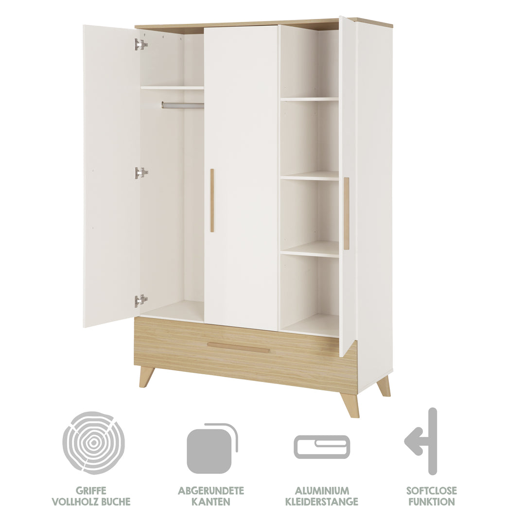 Armoire “Theo” 3 portes - Fraisages de haute qualité - Blanc / Chêne