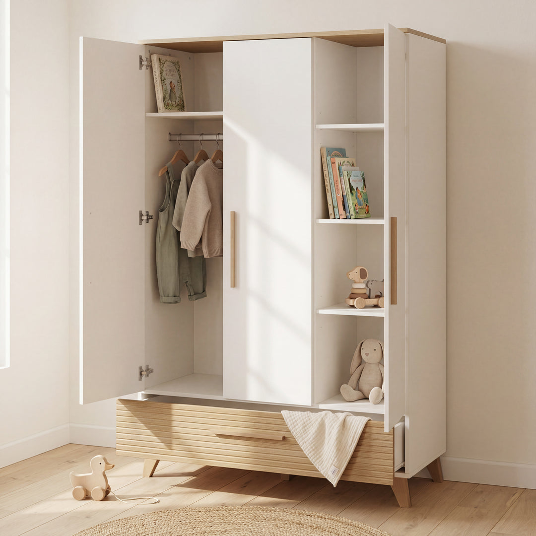 Armoire “Theo” 3 portes - Fraisages de haute qualité - Blanc / Chêne