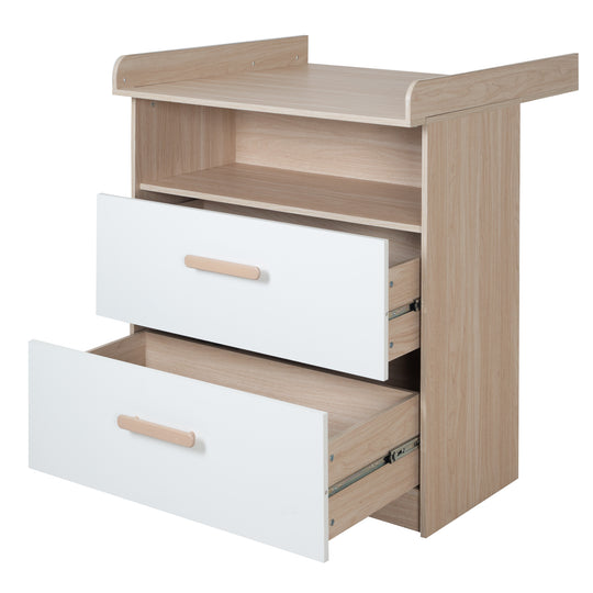 Changing Table Dresser 'Cabane' with Drawers - Wooden Handles - White / Oak