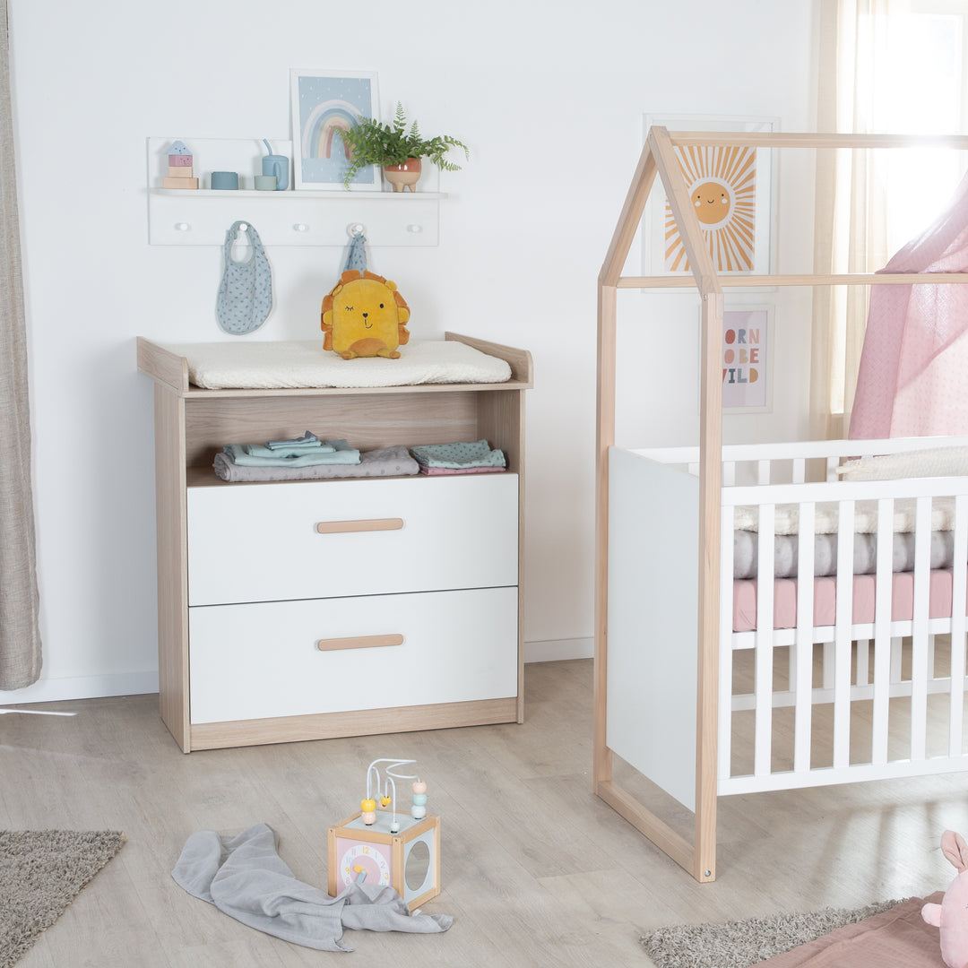 Changing Table Dresser 'Cabane' with Drawers - Wooden Handles - White / Oak