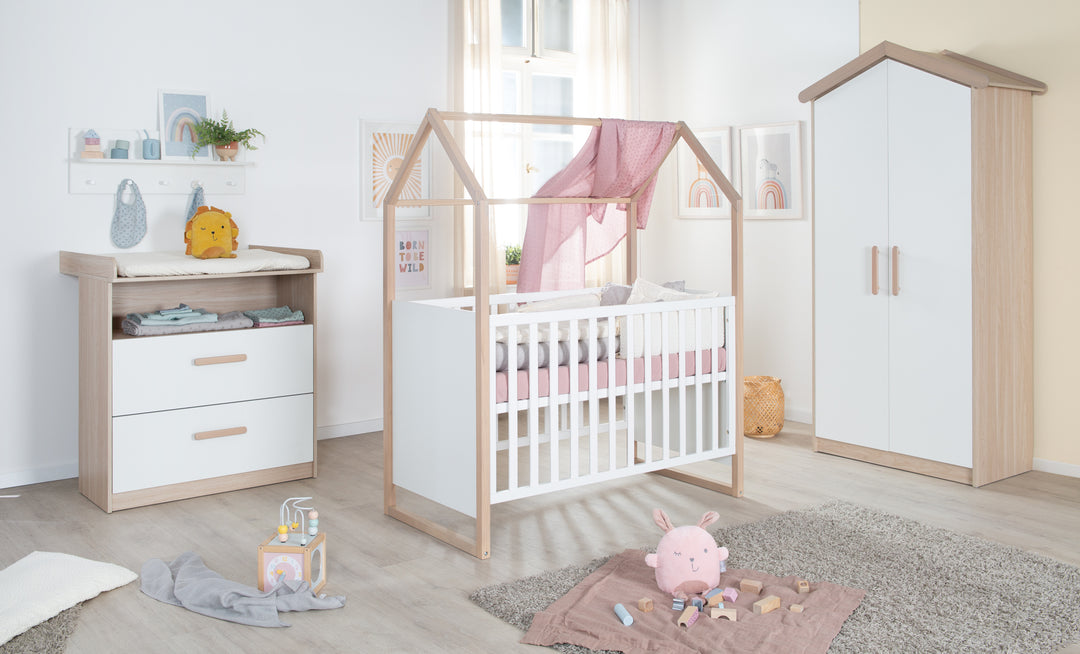 Changing Table Dresser 'Cabane' with Drawers - Wooden Handles - White / Oak