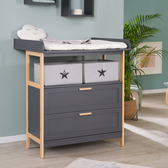 Commode à langer 'Berlin' - 2 tiroirs + 2 bôites - Anthracite / Bambou