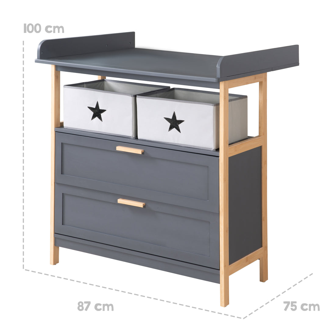 Commode à langer 'Berlin' - 2 tiroirs + 2 bôites - Anthracite / Bambou