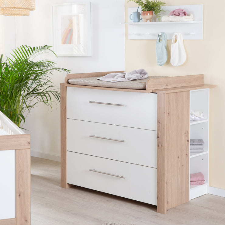 Changing Table 'Malo' - 3 Drawers with Metal Handles - Sawn Oak / White