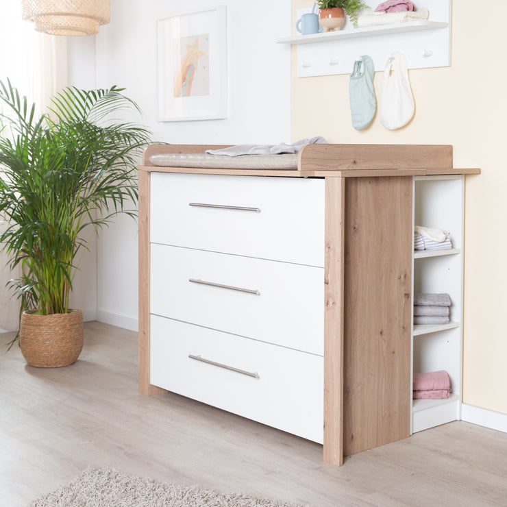 Changing Table 'Malo' - 3 Drawers with Metal Handles - Sawn Oak / White