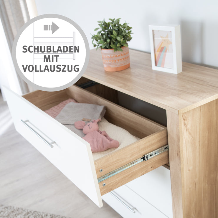 Wrapping chest of drawers 'Malo' - 3 drawers including metal handles - Eiche Sägerau / White