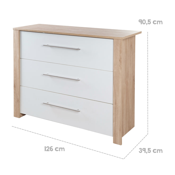 Wrapping chest of drawers 'Malo' - 3 drawers including metal handles - Eiche Sägerau / White