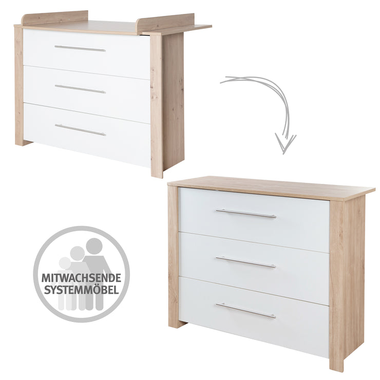 Wrapping chest of drawers 'Malo' - 3 drawers including metal handles - Eiche Sägerau / White