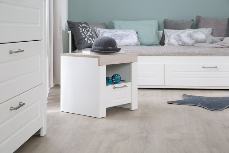 Bedside table 'Felicia' with drawer & open compartment - White/Luna Elm