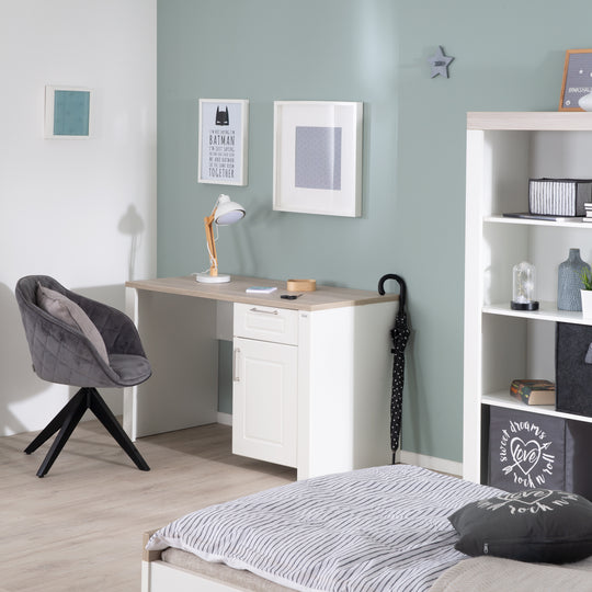 Scrivania 'Felicia' con anta e cassetto - bianco / decoro in legno 'Luna Elm