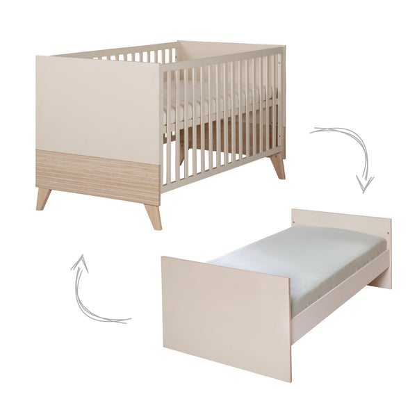 Cuna infantil convertible «Sidney» de 70 x 140 cm en cachemira / decoración efecto roble