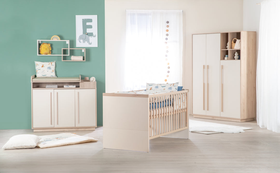 Lit bébé évolutif Elva 70x140 cm – Transformable en lit junior – Cachemire / Noyer Virginia