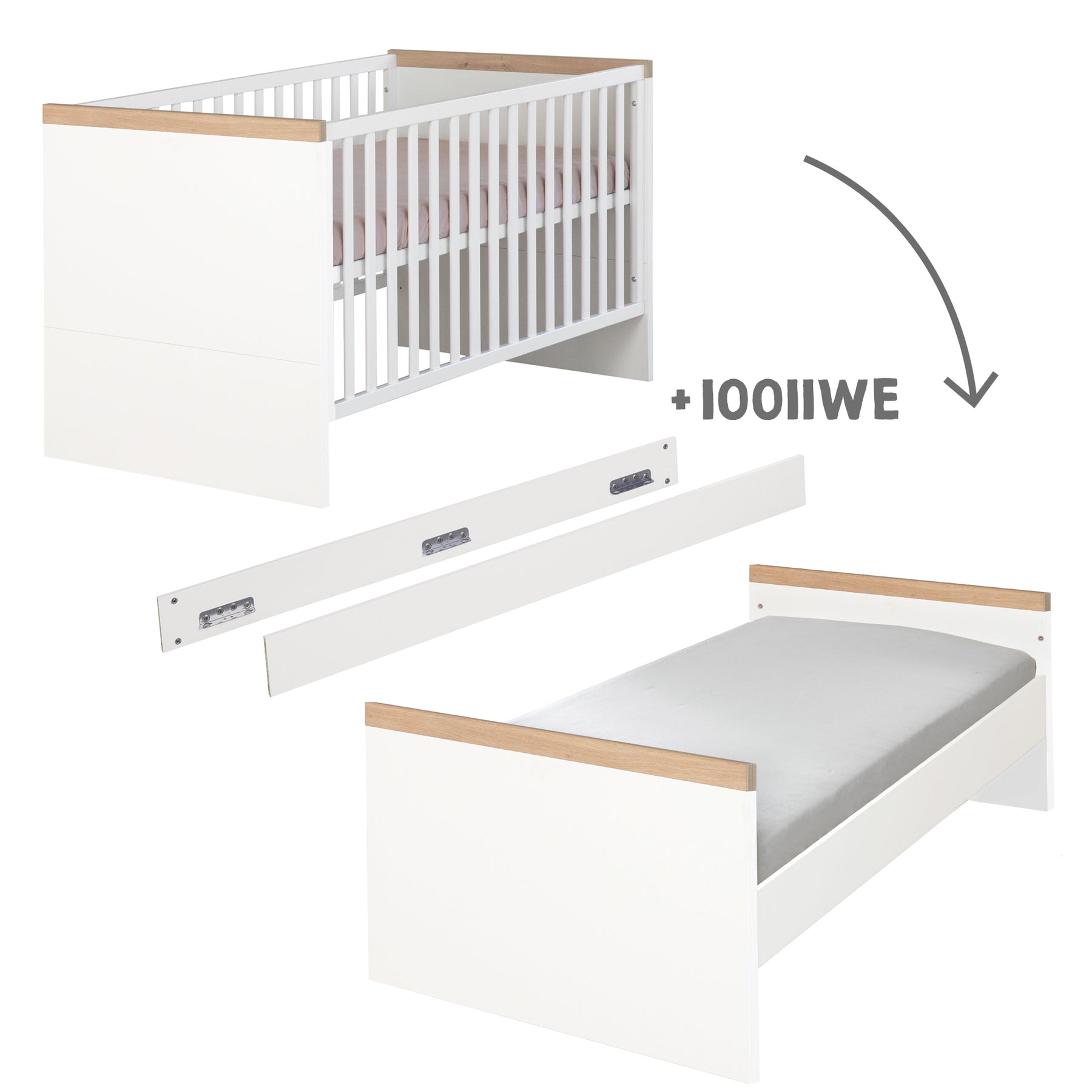 Lit bébé évolutif 70x140 blanc lumineux chêne Artisan