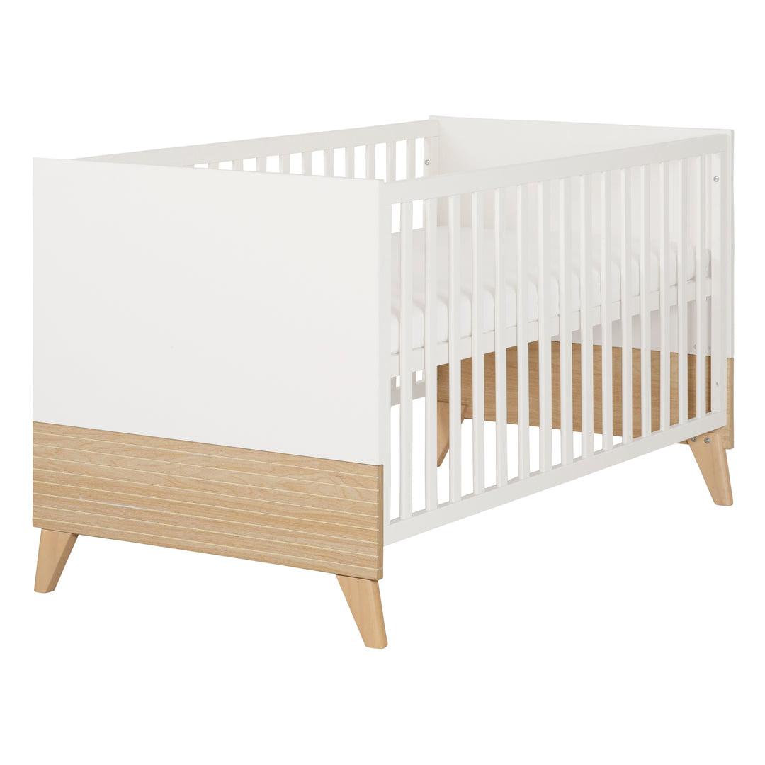 Lit bébé évolutif “Theo” 70 x 140 cm – Hauteur réglable – Convertible – Blanc / Chêne