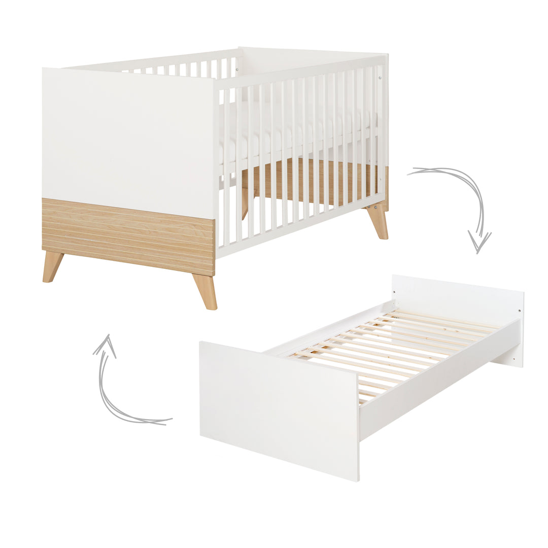 Lit bébé évolutif “Theo” 70 x 140 cm – Hauteur réglable – Convertible – Blanc / Chêne