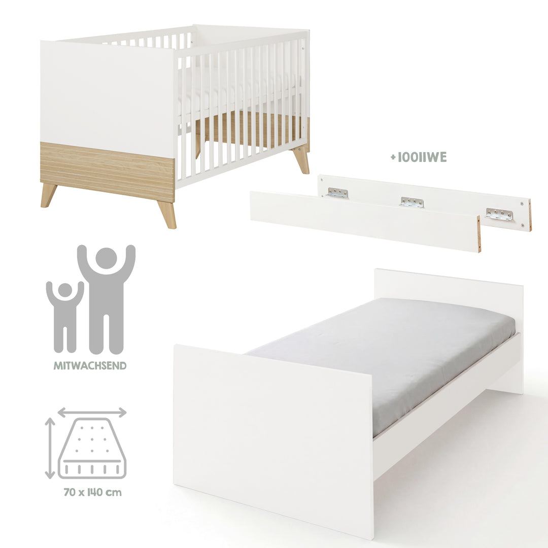 Lit bébé évolutif “Theo” 70 x 140 cm – Hauteur réglable – Convertible – Blanc / Chêne