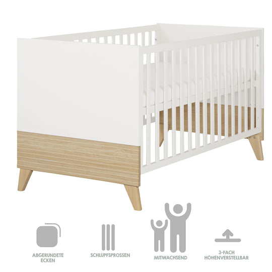 Lit bébé évolutif “Theo” 70 x 140 cm – Hauteur réglable – Convertible – Blanc / Chêne