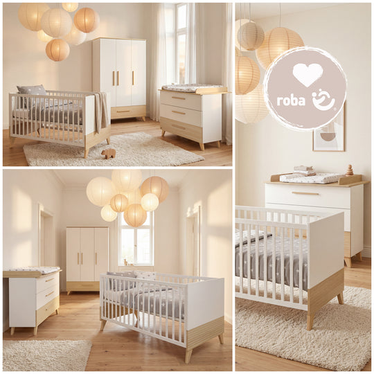 Lit bébé évolutif “Theo” 70 x 140 cm – Hauteur réglable – Convertible – Blanc / Chêne