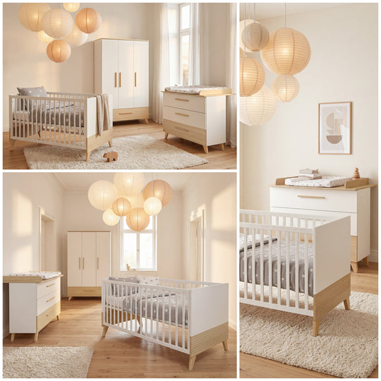 Lit bébé évolutif “Theo” 70 x 140 cm – Hauteur réglable – Convertible – Blanc / Chêne