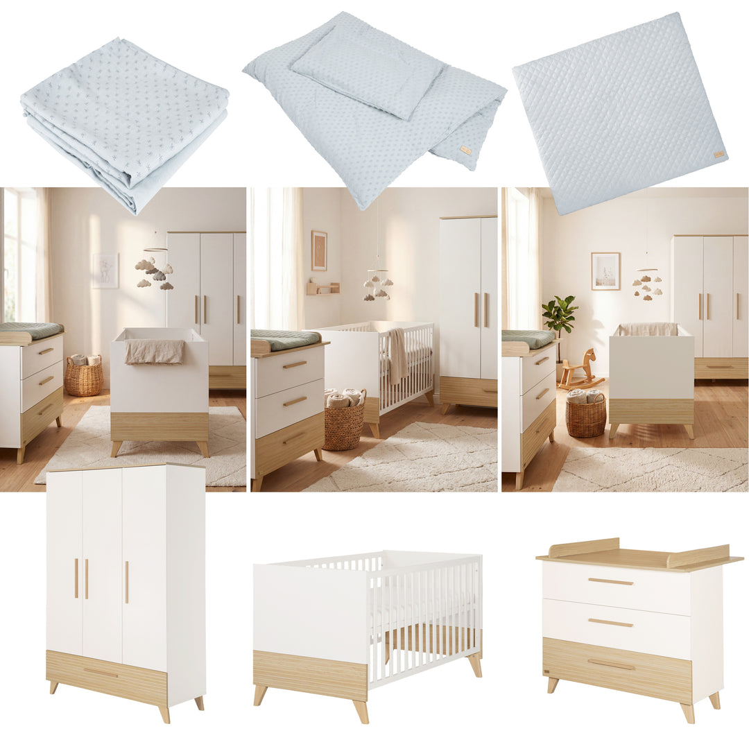 Lit bébé évolutif “Theo” 70 x 140 cm – Hauteur réglable – Convertible – Blanc / Chêne