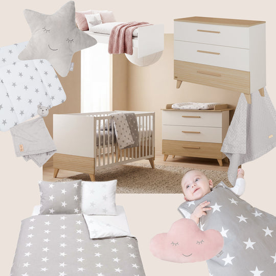Lit bébé évolutif “Theo” 70 x 140 cm – Hauteur réglable – Convertible – Blanc / Chêne