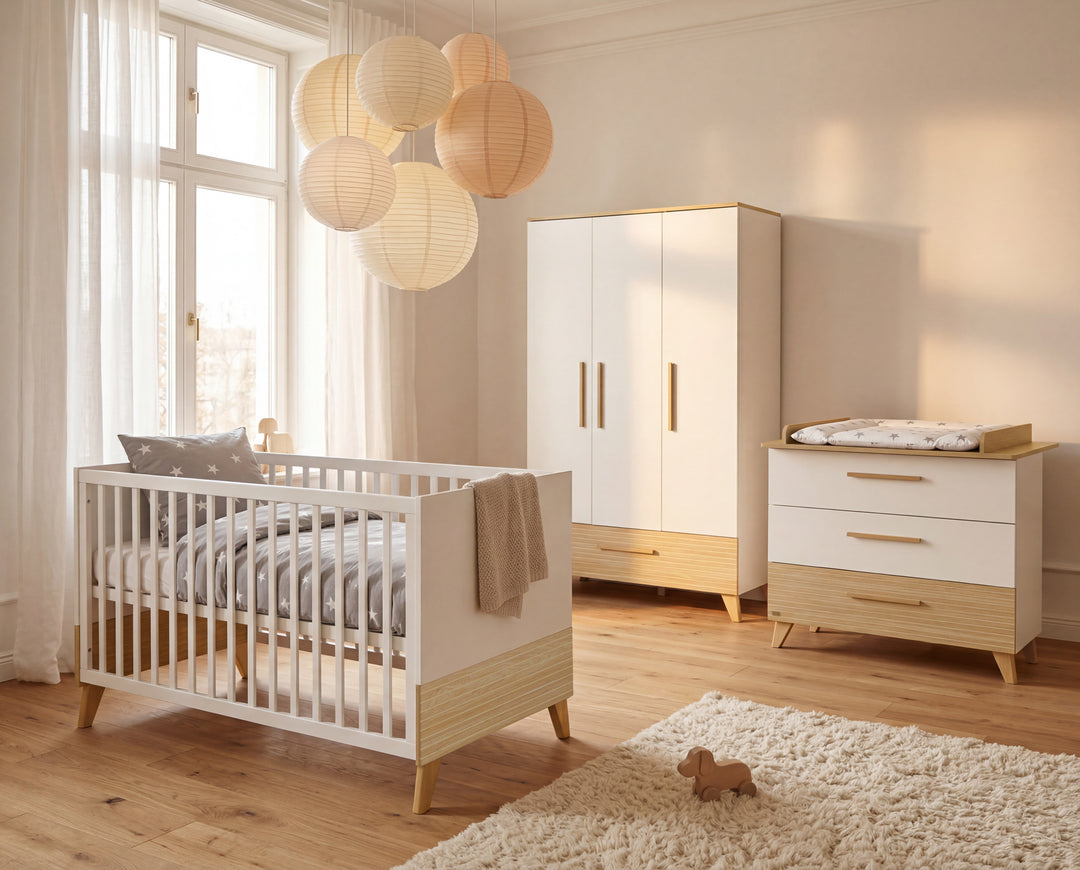 Lit bébé évolutif “Theo” 70 x 140 cm – Hauteur réglable – Convertible – Blanc / Chêne
