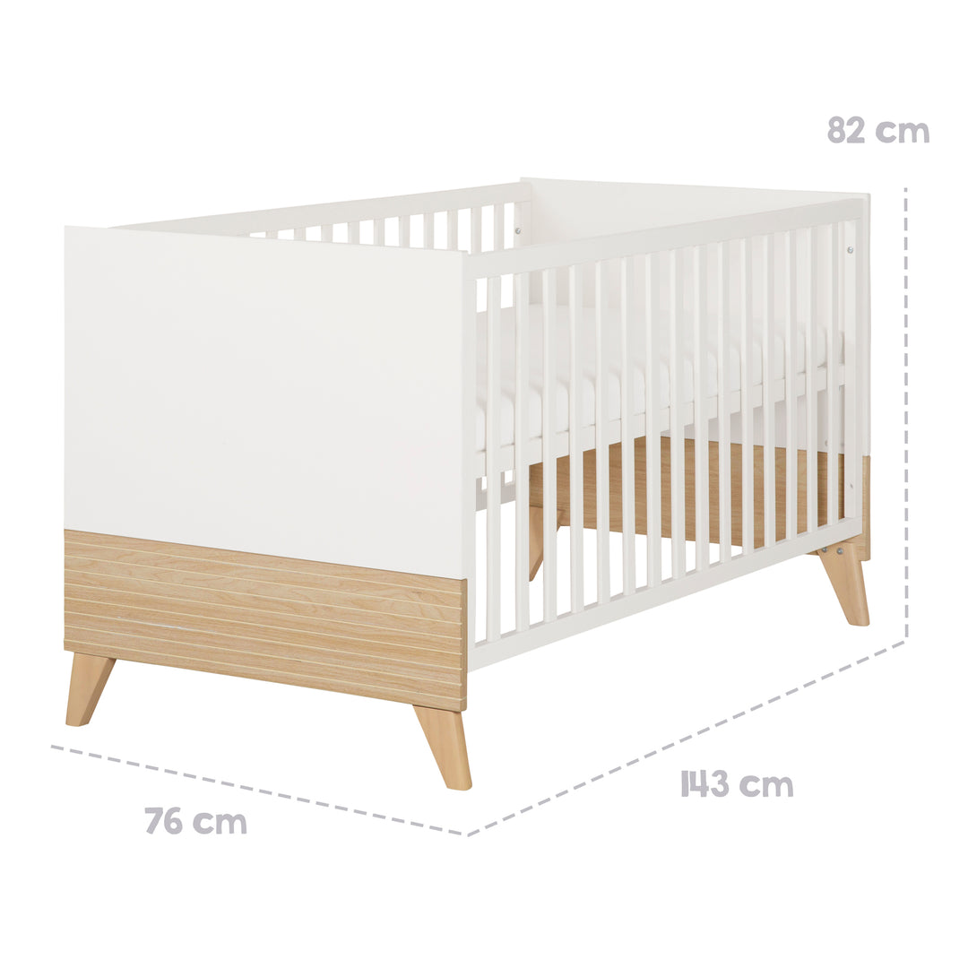 Lit bébé évolutif “Theo” 70 x 140 cm – Hauteur réglable – Convertible – Blanc / Chêne