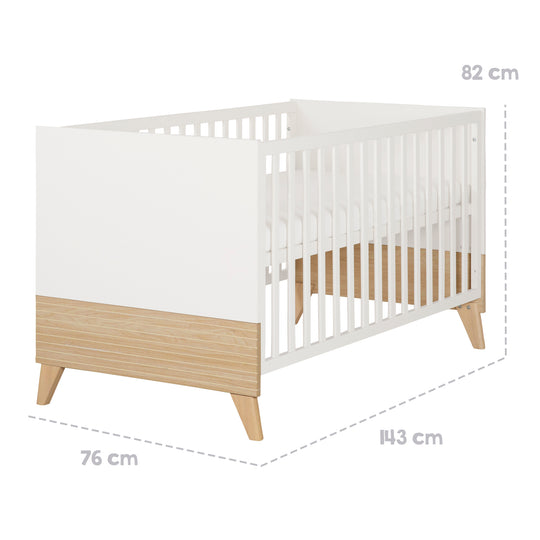 Lit bébé évolutif “Theo” 70 x 140 cm – Hauteur réglable – Convertible – Blanc / Chêne