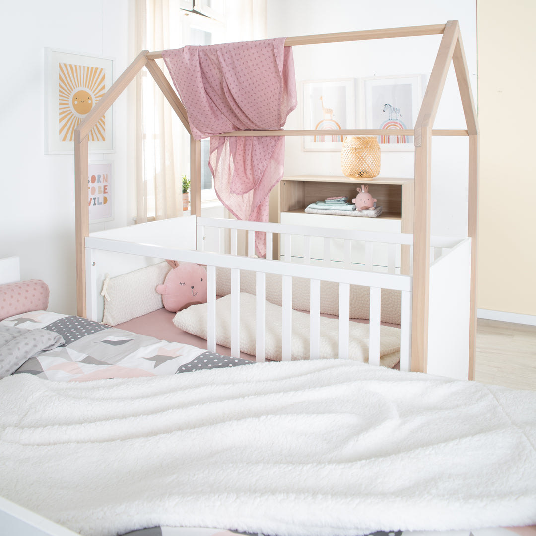2 en 1 cuna de bebé y colecho 'Cabane' - 60 x 120 cm - madera natural + blanco