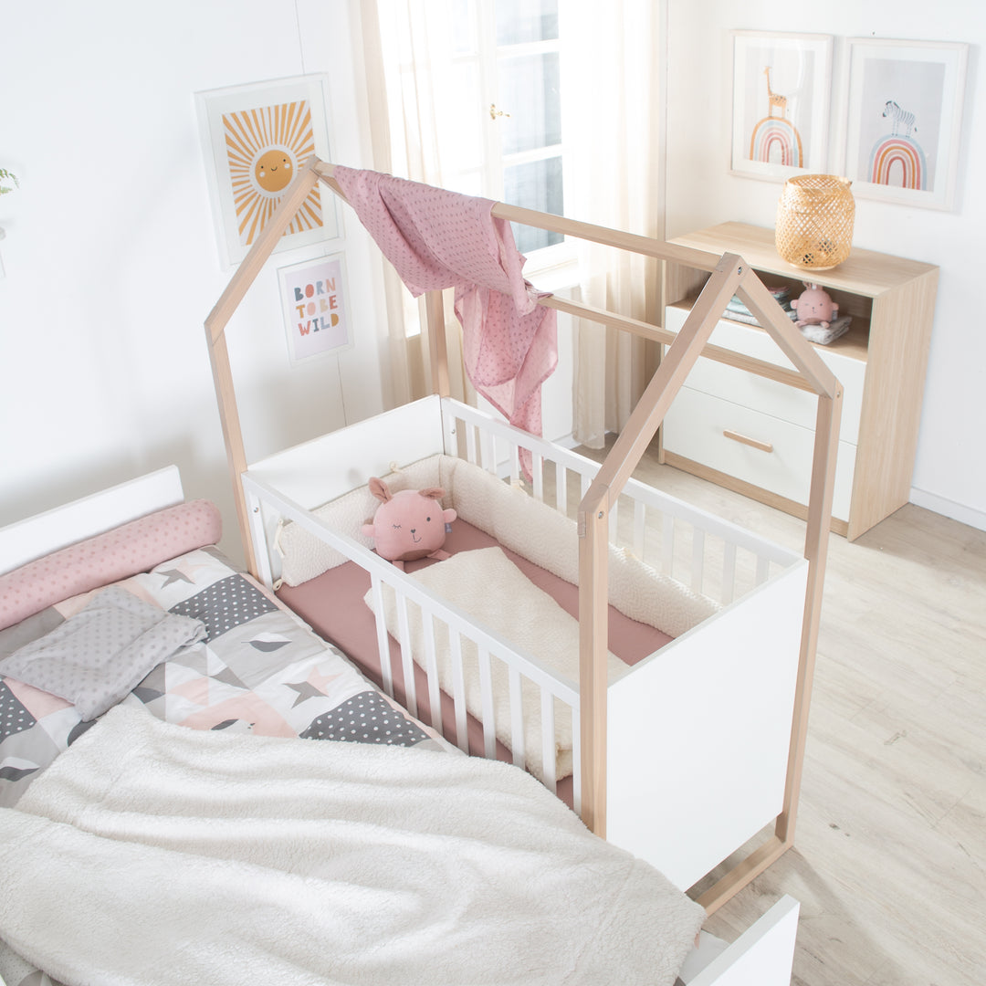 2 en 1 cuna de bebé y colecho 'Cabane' - 60 x 120 cm - madera natural + blanco