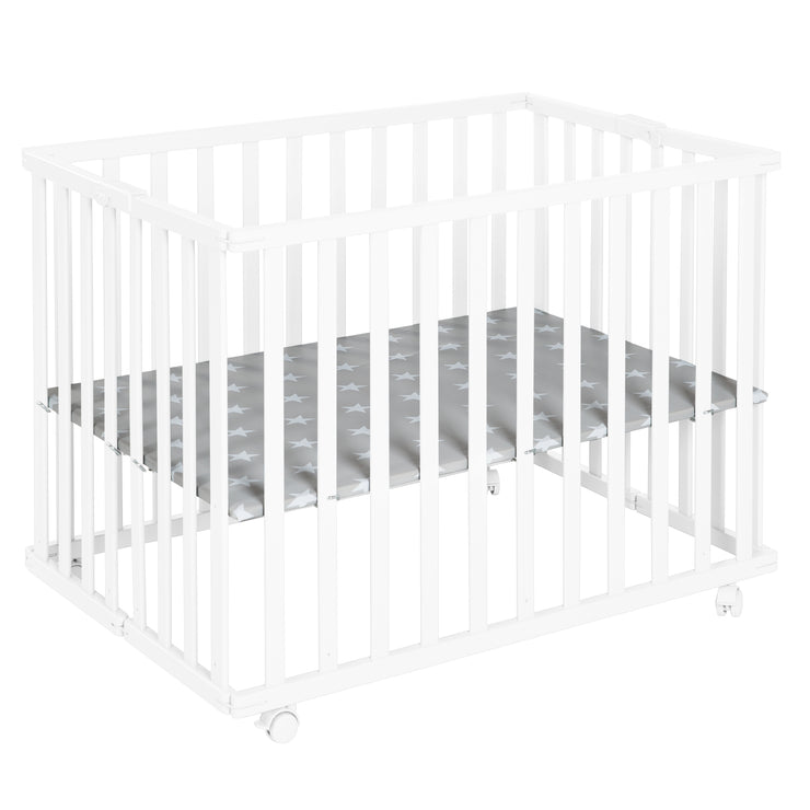 Folding Playpen 75x100 White + Little Stars Insert - Adjustable Height - Includes Wheels