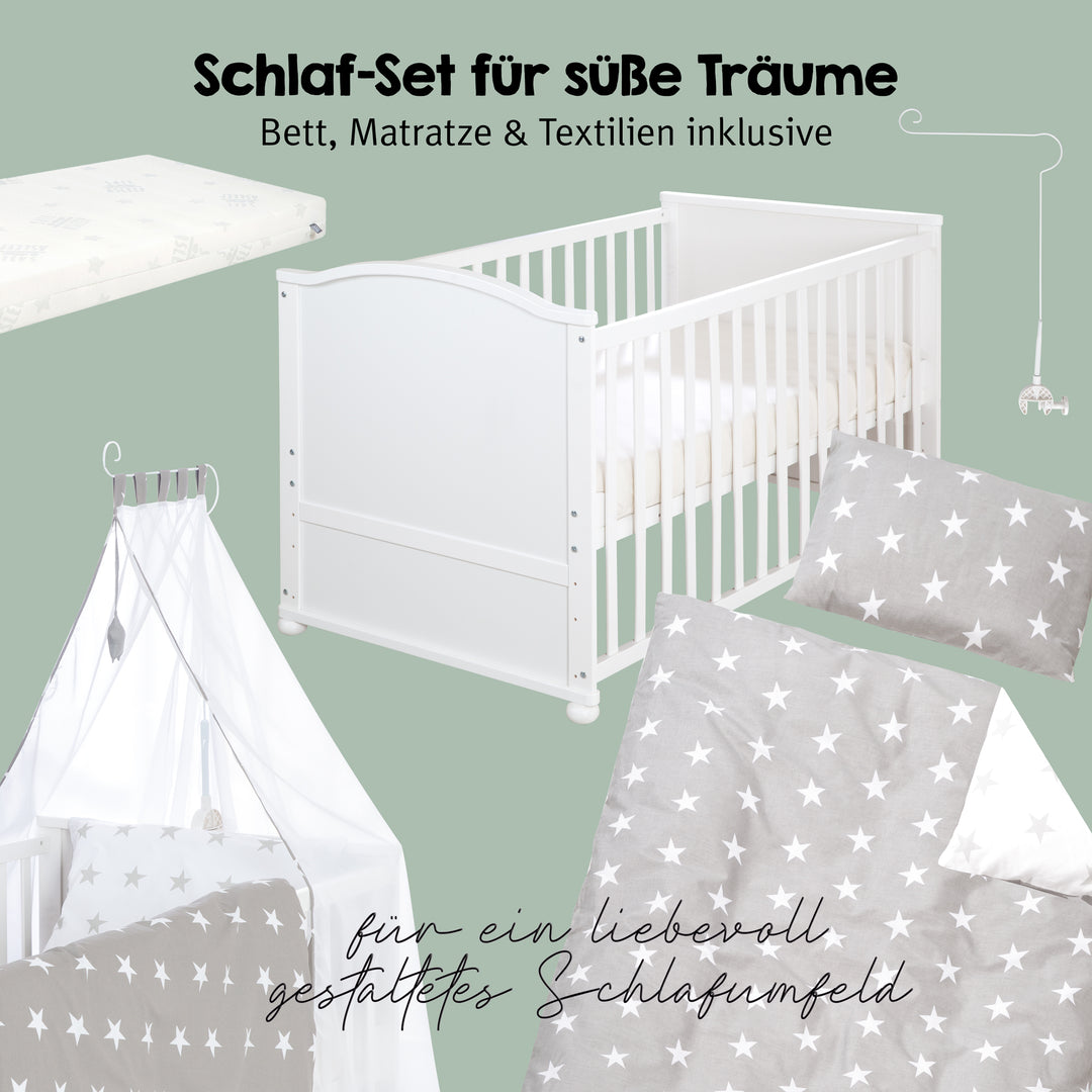Set lit complet 'Little Stars', 70 x 140 cm, blanc, incl. draps, baldaquin, nid et matelas