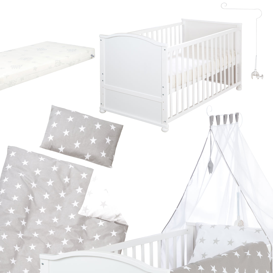 Set lit complet 'Little Stars', 70 x 140 cm, blanc, incl. draps, baldaquin, nid et matelas