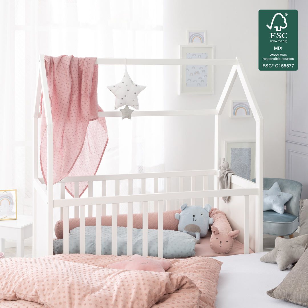 Hausbett 60 x 120 cm, FSC zertifiziert, weiß, 6-fach verstellbar, als Baby- & Beistellbett geeignet