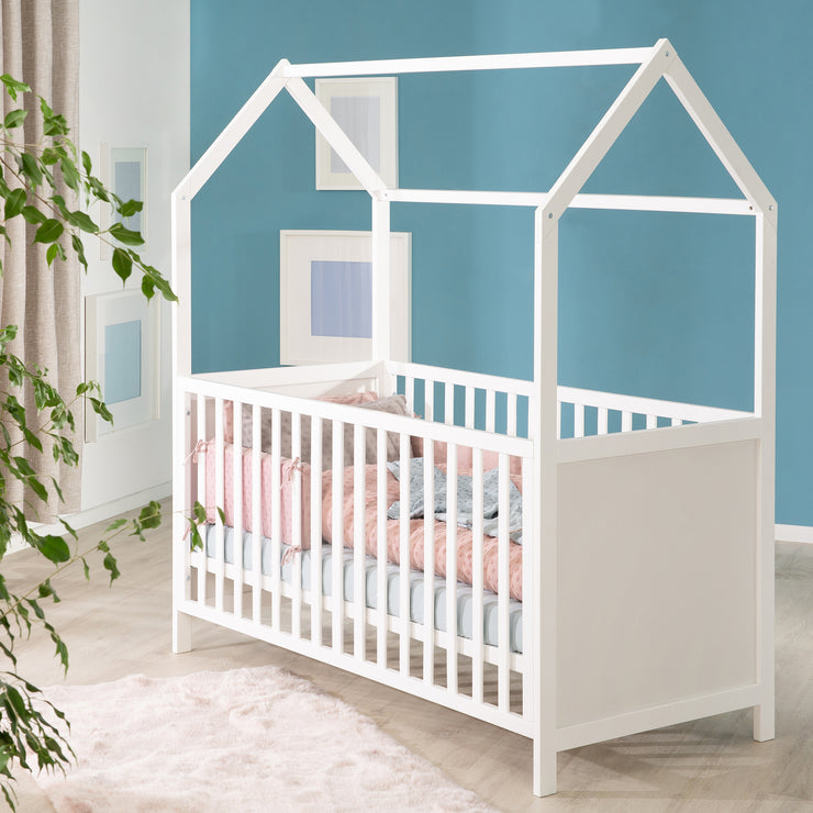 Cama casita 70 x 140 cm, certificado FSC, cama infantil convertible, blanco, ajustable en 3 posiciones, convertible