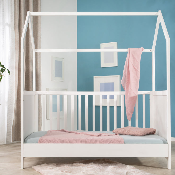 Cama casita 70 x 140 cm, certificado FSC, cama infantil convertible, blanco, ajustable en 3 posiciones, convertible