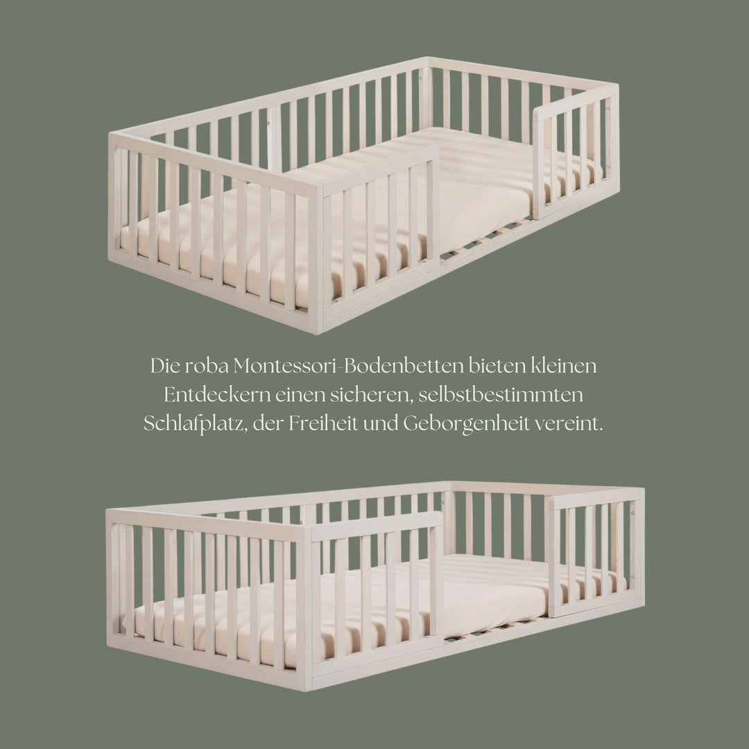 Montessori Bodenbett 70 x 140 inkl. Lattenrost & Rausfallschutz - Stone Washed – Infographik (8/9)