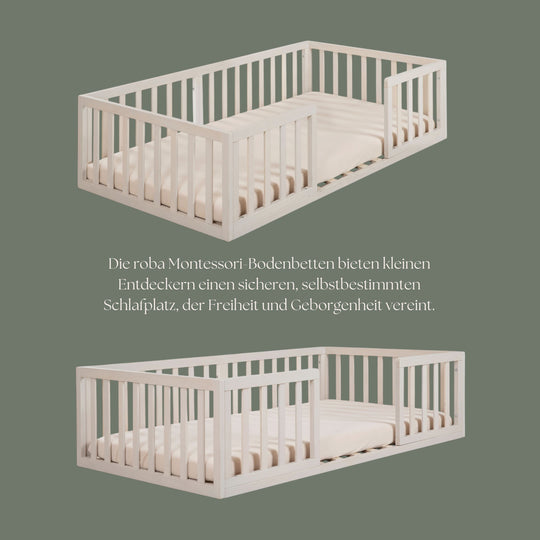 Montessori Bodenbett 70 x 140 inkl. Lattenrost & Rausfallschutz - Stone Washed – Infographik (8/9)