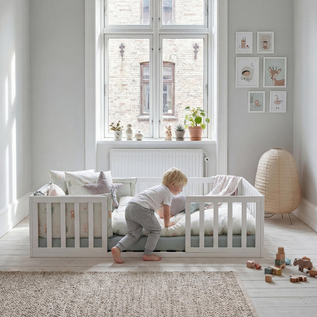 Weiß lackiertes Montessori-Bodenbett, auf das ein kleines Kind klettert, in einem hellen Zimmer. Teilweise KI-generiert