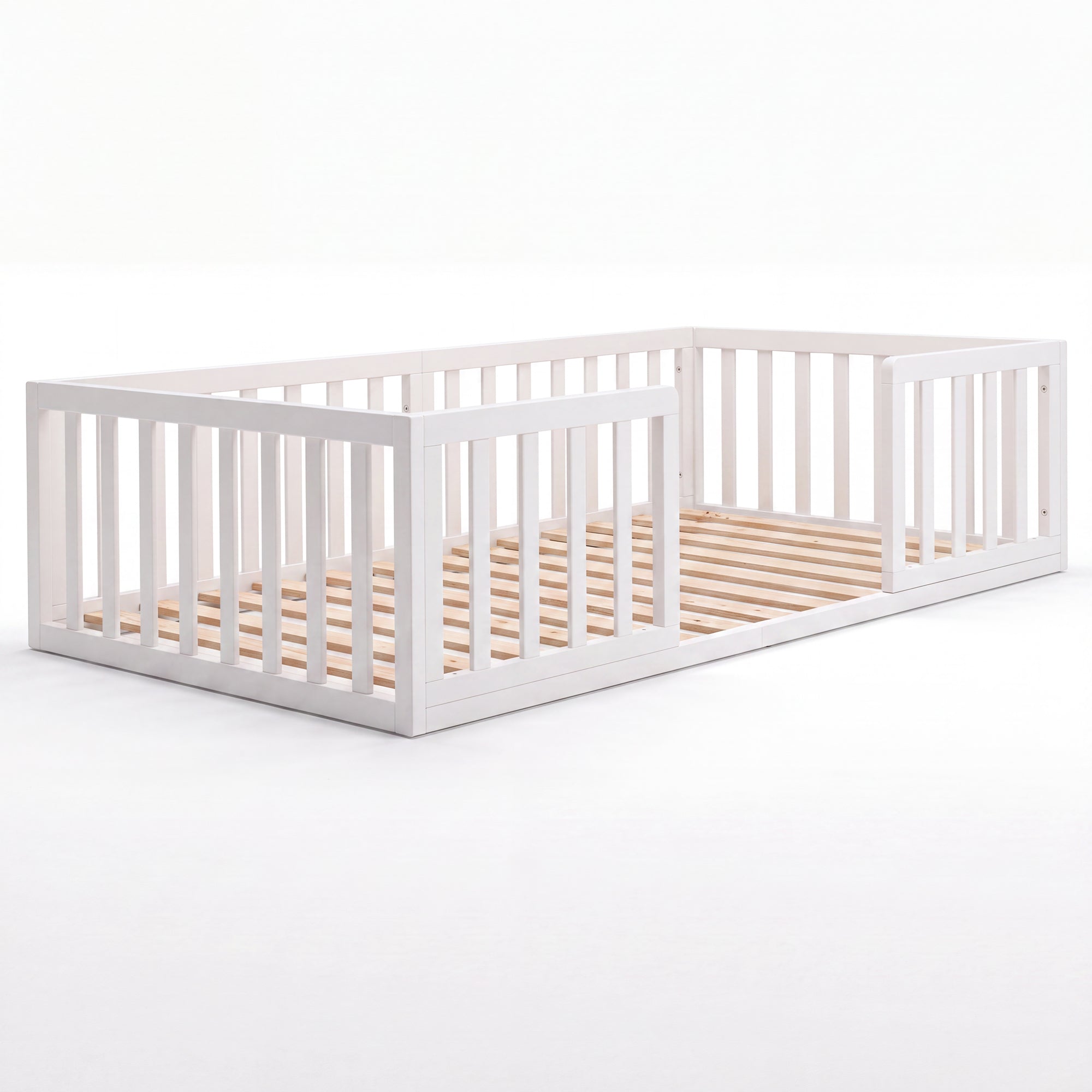 White lacquered wooden floor bed frame with slatted base and fall protection, without mattress. Fully AI-generated
