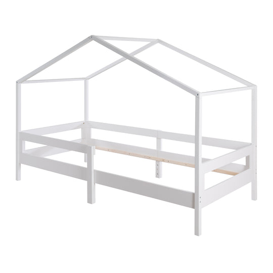 Hausbett 90 x 200 cm mit Seitengitter - Montessori Kinderbett - Holz weiß