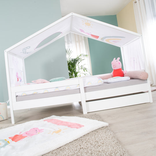Hausbett 90 x 200 cm mit Seitengitter - Montessori Kinderbett - Holz weiß