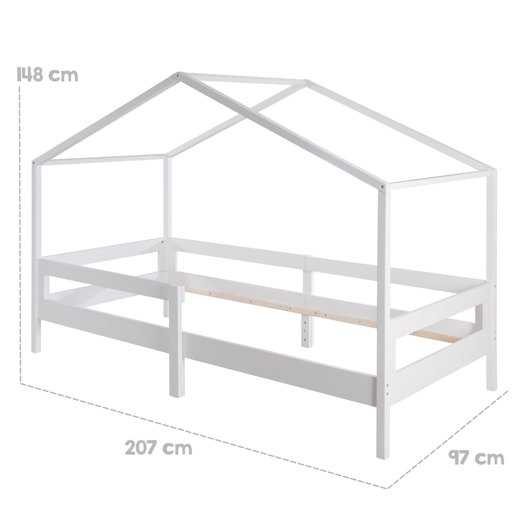 Hausbett 90 x 200 cm mit Seitengitter - Montessori Kinderbett - Holz weiß