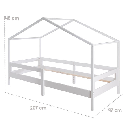 Hausbett 90 x 200 cm mit Seitengitter - Montessori Kinderbett - Holz weiß