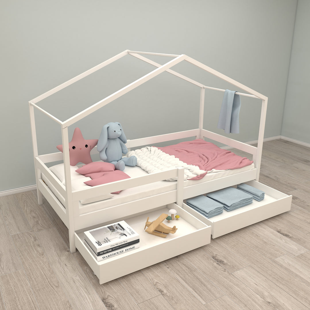 Hausbett 90 x 200 cm mit Seitengitter - Montessori Kinderbett - Holz weiß