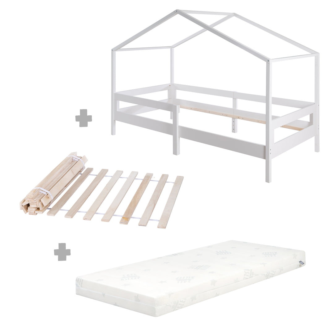 Hausbett 90 x 200 cm mit Seitengitter - Montessori Kinderbett - Holz weiß